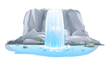 River Waterfall Falls From Cliff In Front View Isolated Illustration, Picturesque Tourist Attraction With Small Waterfall And Clear Water, Waterfall On Steep Rocky Stream