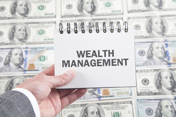 Male hand holding Wealth Management text on notepad.