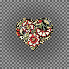 embroidered love heart-shaped patch with a floral pattern in retro, vintage style. embroidery imitat