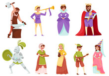 Medieval People Characters With Armoured Knight And Peasant Carrying Milk Vector Set