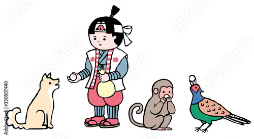 桃太郎 犬 猿 キジがきびだんごを食べているイラスト Animal Wall Mural Anim Shikashi