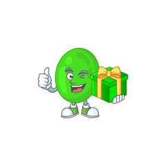 Poster - Happy smiley cocci cartoon mascot design with a gift box