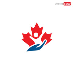 maple leaf with person/child and hand care. canadian people or child care logo design vector templat