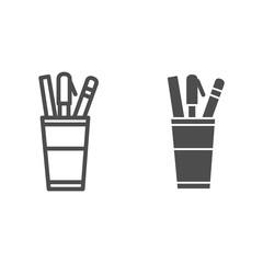 Poster - stationery line and solid icon, office supplies symbol, holder for stationery equipment sign on whit