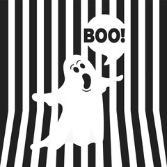 Wall Mural - Boo ghost halloween message concept. Flying halloween funny spooky ghost character say BOO with text space in the speech bubble vector illustration isolated on black striped background.