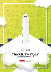 Wall Mural - Travel to Italy banner with plane and clouds. Hand draw doodle background.