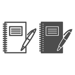 Poster - notebook and pen line and solid icon, school supplies concept, writing pad with pen sign on white ba