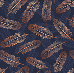 Fototapeta Pattern with gold feathers on a blue background. Suitable for curtains, wallpaper, fabrics, wrapping paper.