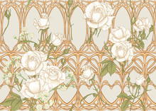 Vintage Roses In A Decorative Imitation Of A Wicker Basket Made Of Twigs Seamless Pattern, Background In Art Nouveau Style, Old, Retro Style. Colored Vector Illustration