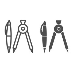 Poster - pen and compass line and solid icon, stationery concept, school educational tools sign on white back