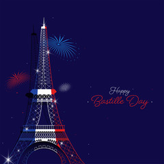 Sticker - France Flag Color Eiffel Tower Monument with Fireworks on Purple Background for Happy Bastille Day Celebration Concept.