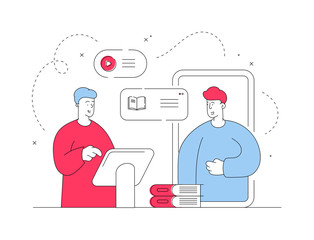 Poster - Men using online library app. Flat line vector illustration