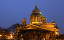 Low Angle View Of Illuminated St Isaac Cathedral Against Clear Sky At Dusk