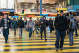 Fototapeta Zachód słońca - Software app tracking blurred people inside train station for Coronavirus health prevention - Technology program against Covid-19 outbreak - Big data, contagious and privacy concept - Defocused photo