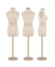 Mannequin For Sewing And Modeling, Front, Back And Side View.