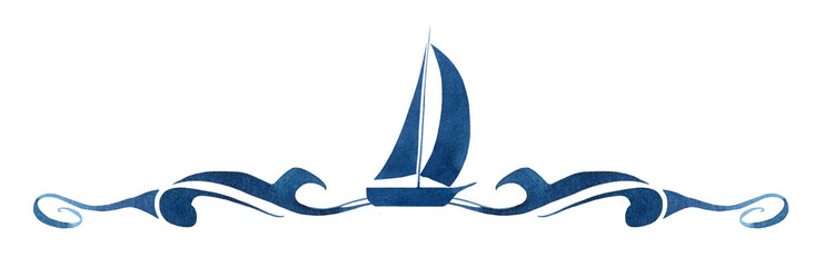 the blue text divider with a ship clipart hand drawn in watercolor isolated on a white background.