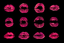 Pink Lipstick Kiss Print Set Black Background Isolated Close Up, Red Sexy Lips Mark Makeup Collection, Neon Light Female Kisses Imprint, Beauty Make Up Wallpaper, Fashion Banner, Love & Passion Symbol