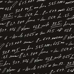 Aufkleber - Handwritten abstract text and numbers vector seamless pattern, vector monochrome script isolated on blackboard background, mathematics and accounting backdrop