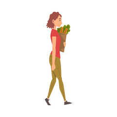 Sticker - Young Woman Carrying Grocery Paper Bag Full of Healthy Groceries, Household Activity, Housekeeping, Everyday Duties and Chores Cartoon Vector Illustration