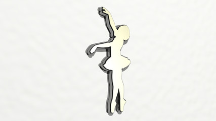 BALLERINA DANCING from a perspective on the wall. A thick sculpture made of metallic materials of 3D rendering