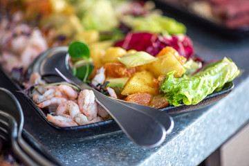 Wall Mural - Fresh salad plate with shrimp, tomato and mixed greens close up. Healthy food. Clean eating.