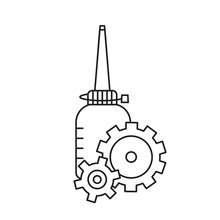 Oiler With Two Gearwheels Overlapping Each Other In Foreground. Linear Icon Of Motor Lubricating Oil. Black White Illustration. Contour Isolated Vector Image. Standing Bottle With Long Nose And Wheels