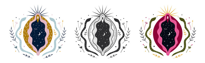 Wall Mural - abstract image of a vagina. outer space, planets, moon and stars. snake tempter and plant herbs. printing on fabric and paper. radical femenism. vector