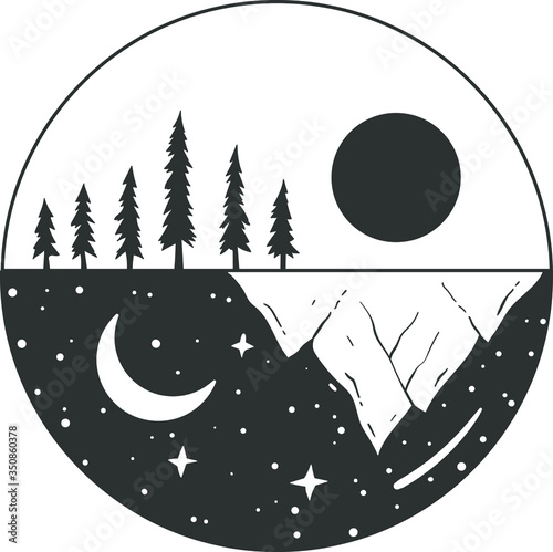 images Circle Pattern Clipart Black And White https stock adobe com images mountains forest sky sun and moon are nature inscribed in a circle day and night change pattern black and white vector picture 350860378 start checkout 1 content id 350860378