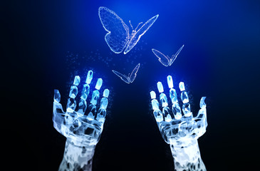 Wall Mural - Abstract blur robot ai hand hold 3D virus butterfly illustration digital innovation futuristic technology transform evolution New normal after coronavirus crisis management business world life change