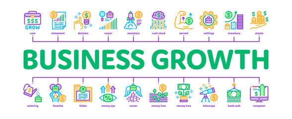 Poster - Business Growth And Management Minimal Infographic Web Banner Vector. Business Case With Dollar Sign, Rocket And Wings, Brain And Muscle Concept, Grow Arrow Statistic Illustrations