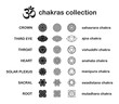 Chakra pictograms. Set of chakras used in Hinduism, Buddhism and Ayurveda. Elements for your design. Vector illustrations of Sahasrara, Ajna, Vissudha, Anahata, Manipura, Svadhisthana, Muladhara