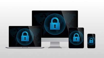 Poster - digital world devices are locked for protection. realistic set of computer monitors with lock icon i