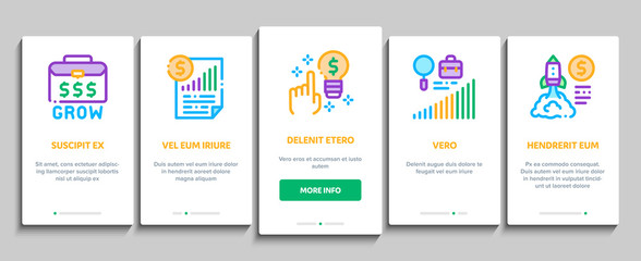 Poster - Business Growth And Management Onboarding Mobile App Page Screen Vector. Business Case With Dollar Sign, Rocket And Wings, Brain And Muscle Concept, Grow Arrow Statistic Color Illustrations