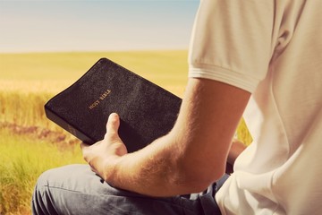 Wall Mural - Man reading old Bible book on nature background