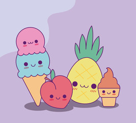 Poster - Kawaii ice cream peach and pineapple vector design