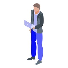 Poster - Boy with laptop icon. Isometric of boy with laptop vector icon for web design isolated on white background