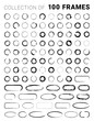 Collection of textured round frames isolated on white background. Set of black templates with splashes and spray in form circle and o-shaped, and elliptical in a dirty and freehand style. 