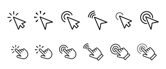 Poster - clicking cursor and hand click outline icon collection. various types of press button