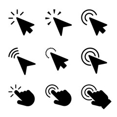 Poster - clicking cursor and hand click black icon collection. various types of press button