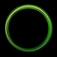 Green abstract neon round shape on black background. Glowing futuristic bright green frame. Simple electric light symbol for advertisement design project. Vector illustration. Light symbol energy.