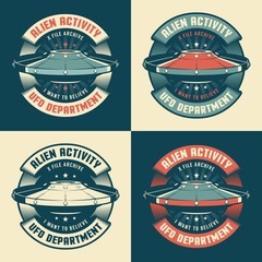 Wall Mural - ufo vintage emblem with flying saucer. alien spaceship retro badge. vector illustration.