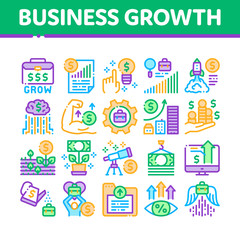 Poster - Business Growth And Management Icons Set Vector. Business Case With Dollar Sign, Rocket And Wings, Brain And Muscle Concept, Grow Arrow Statistic Color Illustrations