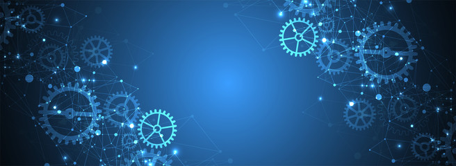Abstract blue technological background. Structure square pattern with cogwheels and plexus effect. Vector