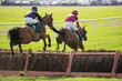 Two horses and jockeys going over hurdle jump on the race track