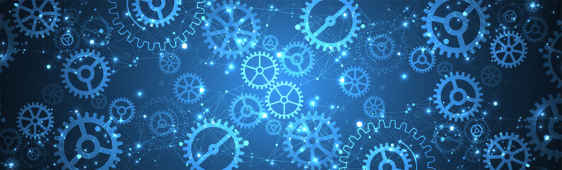 Abstract blue technological background. Structure square pattern with cogwheels and plexus effect. Vector
