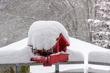 Snow Covered Red Birdhouse
