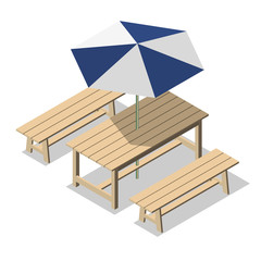 Isometric wooden table and chairs with umbrella. Flat 3d outdoor furniture vector illustration.