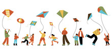 Happy People And Children Flying Kite Outdoors Vector Illustration