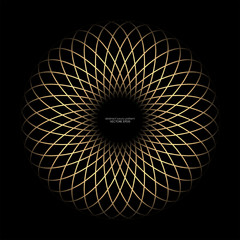 Abstract luxury gold lines weaving pattern in circle shape isolated on black background