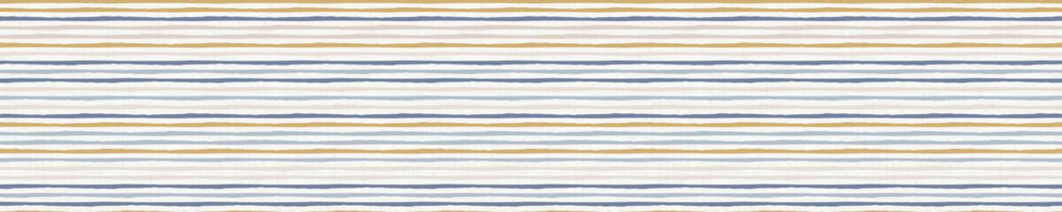 
Seamless french farmhouse stripe pattern. Provence blue linen shabby chic style. Hand drawn texture. Yellow blue background. Doodle line wallpaper home decor swatch. Modern textile all over print